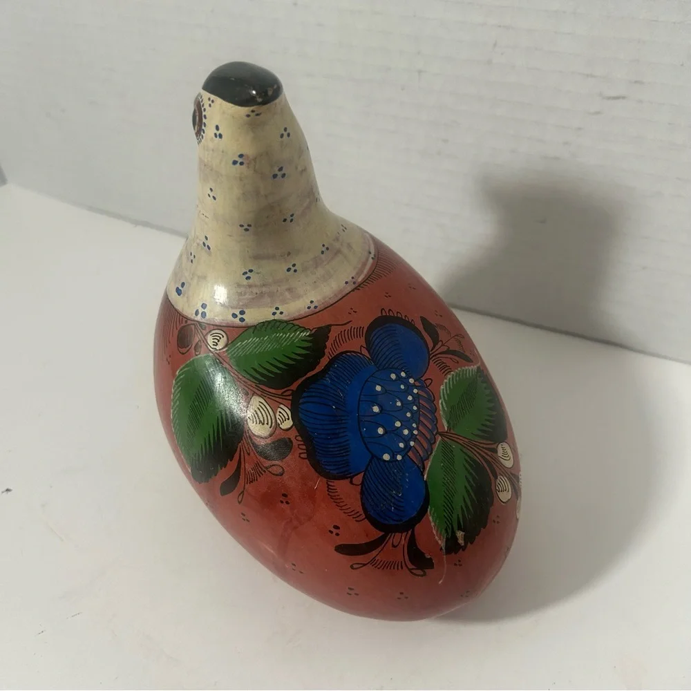 VTG Tonala Terracotta Bird Floral Blue Hand-Painted Bird Figurine